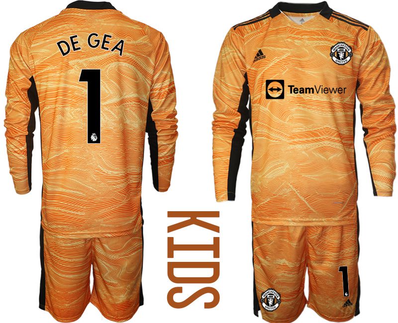 Youth 2021-2022 Club Manchester United orange yellow long sleeve goalkeeper #1 Soccer Jersey->customized soccer jersey->Custom Jersey